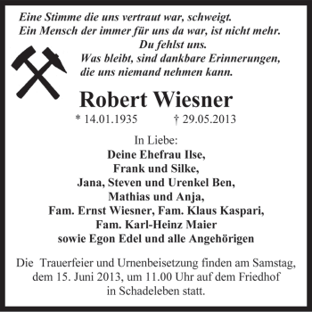 Traueranzeige von Robert Wiesner von WVG - Wochenspiegel Aschersleben