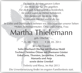 Traueranzeige von Martha Thielemann von WVG - Wochenspiegel NMB / WSF / ZTZ