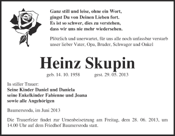 Traueranzeige von Heinz Skupin von WVG - Wochenspiegel NMB / WSF / ZTZ