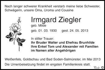Traueranzeige von Irmgard Ziegler von WVG - Wochenspiegel NMB / WSF / ZTZ