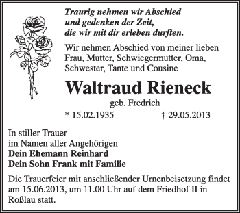 Traueranzeige von Waltraud Rienecke von Super Sonntag Dessau / Köthen