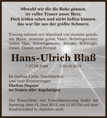 Traueranzeige von Hans-Ulrich Blaß von Super Sonntag Bernburg