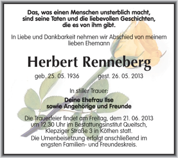 Traueranzeige von Herbert Renneberg von Super Sonntag Dessau / Köthen
