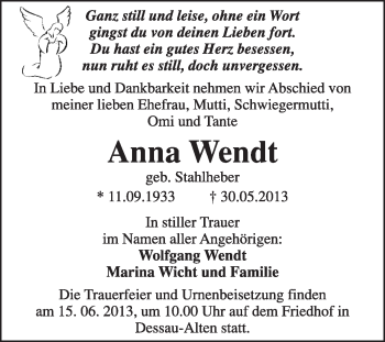 Traueranzeige von Anna Wendt von Super Sonntag Dessau / Köthen