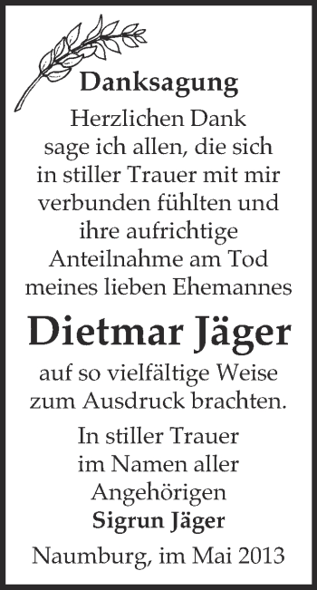 Traueranzeige von Dietmar Jäger von WVG - Wochenspiegel NMB / WSF / ZTZ