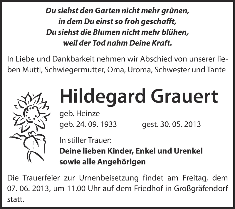  Traueranzeige für Hildegard Grauert vom 05.06.2013 aus Super Sonntag Merseburg