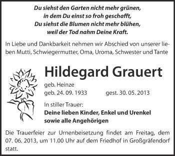 Traueranzeige von Hildegard Grauert von Super Sonntag Merseburg
