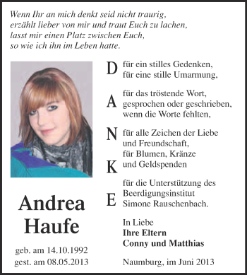 Traueranzeige von Andrea Haufe von WVG - Wochenspiegel NMB / WSF / ZTZ