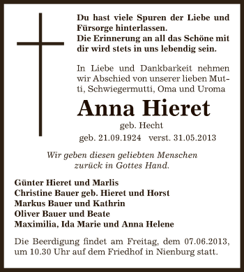 Traueranzeige von Anna Hieret von Super Sonntag Bernburg