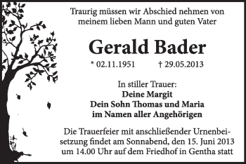 Traueranzeige von Gerald Bader von WVG - Wochenspiegel Wittenberg