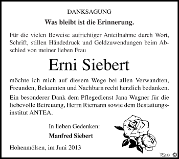 Traueranzeige von Erni Siebert von WVG - Wochenspiegel NMB / WSF / ZTZ