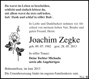 Traueranzeige von Joachim Zegke von WVG - Wochenspiegel NMB / WSF / ZTZ