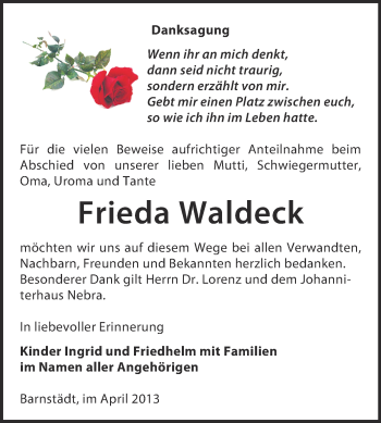 Traueranzeige von Frieda Waldeck von WVG - Wochenspiegel NMB / WSF / ZTZ