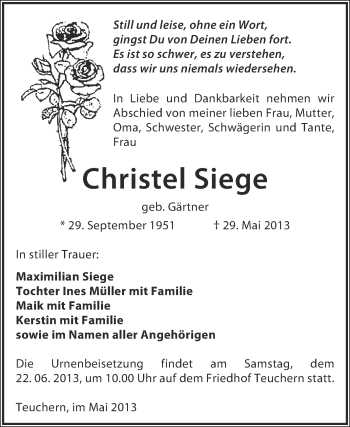 Traueranzeige von Christel Siege von WVG - Wochenspiegel NMB / WSF / ZTZ