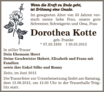 Traueranzeige von Dorothea Kotte von Super Sonntag Zeitz