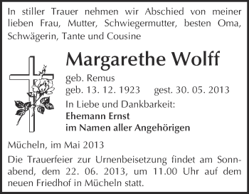Traueranzeige von Margarethe Wolff von WVG - Wochenspiegel Merseburg