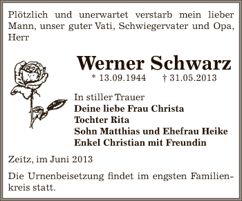 Traueranzeige von Werner Schwarz von Super Sonntag Zeitz
