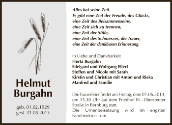 Traueranzeige von Helmut Burgahn von WVG - Wochenspiegel Bernburg