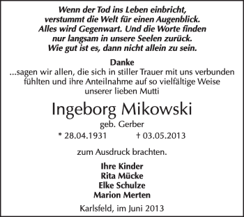 Traueranzeige von Ingeborg Mikoski von Super Sonntag Wittenberg
