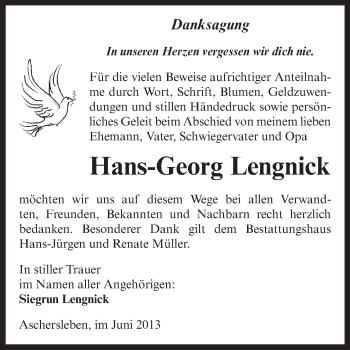Traueranzeige von Hans-Georg Lengnick von WVG - Wochenspiegel Aschersleben
