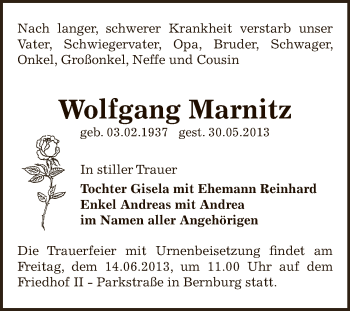 Traueranzeige von Wolfgang Marnitz von Super Sonntag Bernburg