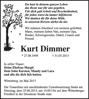 Traueranzeige von Kurt Dimmer von WVG - Wochenspiegel Wittenberg