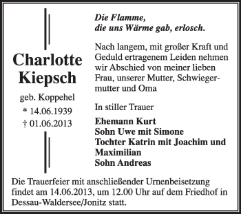 Traueranzeige von Charlotte Kiepsch von Super Sonntag Dessau / Köthen