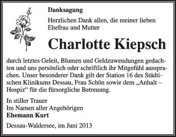 Traueranzeige von Charlotte Kiepsch von Super Sonntag Dessau / Köthen