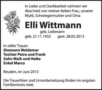 Traueranzeige von Elli Wittmann von WVG - Wochenspiegel Wittenberg