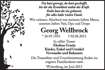 Traueranzeige von Georg Wellbrock von Super Sonntag Wittenberg