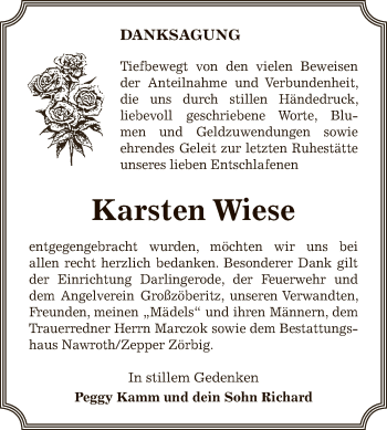Traueranzeige von Karsten Wiese von WVG - Wochenspiegel Bitterfeld