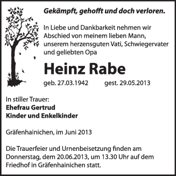 Traueranzeige von Heinz Rabe von WVG - Wochenspiegel Wittenberg