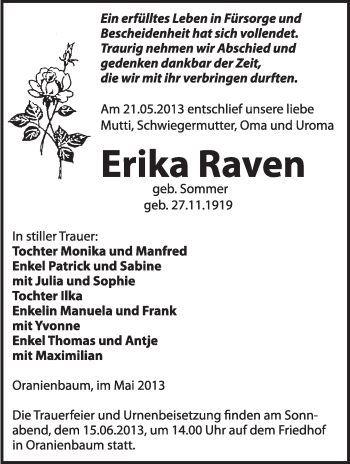 Traueranzeige von Erika Raven von WVG - Wochenspiegel Wittenberg