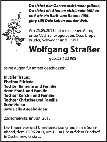 Traueranzeige von Wolfgang Straßer von WVG - Wochenspiegel Wittenberg