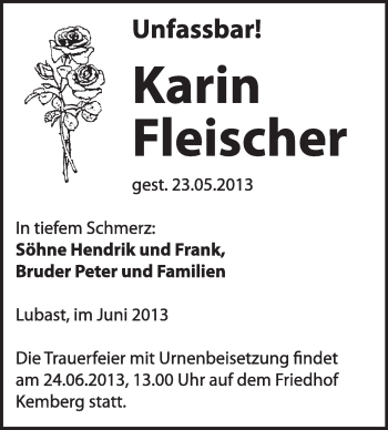 Traueranzeige von Karin Fleischer von WVG - Wochenspiegel Wittenberg