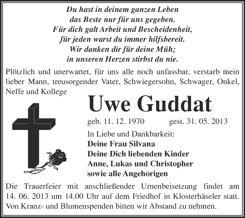  Traueranzeige für Uwe Guddat vom 12.06.2013 aus WVG - Wochenspiegel NMB / WSF / ZTZ