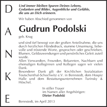 Traueranzeige von Gudrun Podolski von WVG - Wochenspiegel NMB / WSF / ZTZ
