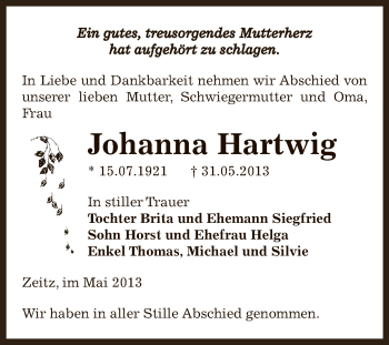 Traueranzeige von Johanna Hartwig von Super Sonntag Zeitz