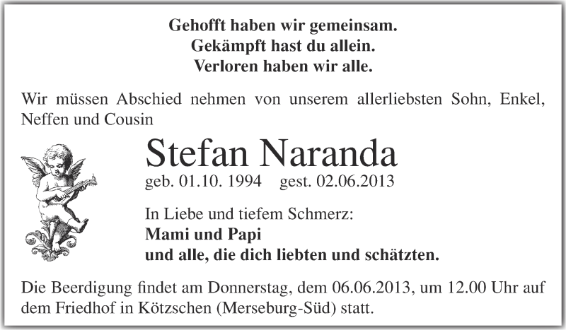  Traueranzeige für Stefan Naranda vom 05.06.2013 aus Super Sonntag Merseburg