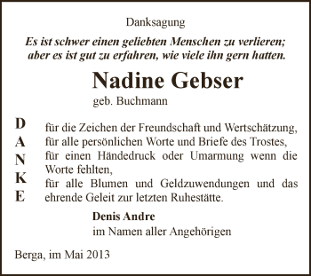 Traueranzeige von Nadine Gebser von Super Sonntag SGH Mansf. Land