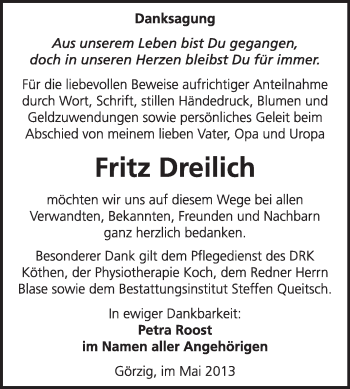 Traueranzeige von Fritz Dreilich von Super Sonntag Dessau / Köthen