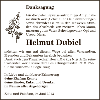 Traueranzeige von Helmut Dubiel von Super Sonntag Zeitz