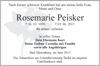 Traueranzeige von Rosemarie Peisker von Super Sonntag Merseburg