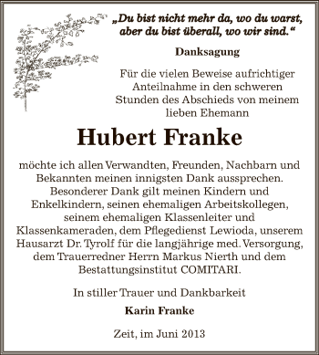 Traueranzeige von Hubert Franke von Super Sonntag Zeitz