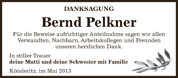 Traueranzeige von Bernd Pelkner von Super Sonntag Zeitz
