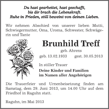 Traueranzeige von Brunhild Treff von WVG - Wochenspiegel Bitterfeld
