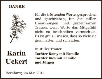 Traueranzeige von Karin Uckert von Super Sonntag Bernburg
