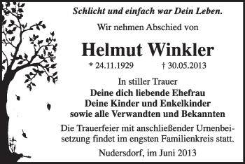 Traueranzeige von Helmut Winkler von WVG - Wochenspiegel Wittenberg