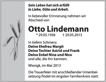 Traueranzeige von Otto Lindemann von WVG - Wochenspiegel Wittenberg