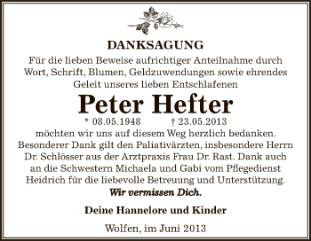 Traueranzeige von Peter Hefter von WVG - Wochenspiegel Bitterfeld